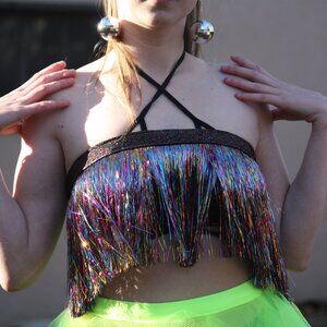 Rainbow Fringe Halter Top Hand Crafted